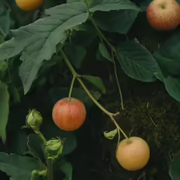 two fruits grow on the branch of a tree