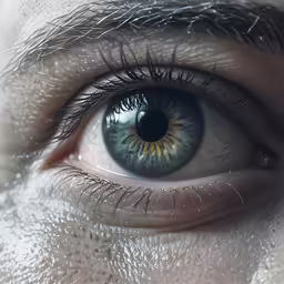 an extreme close up of an eye with green and blue eyes