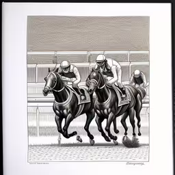 a print of two horse race runners during a race,the men are racing their horses down the track