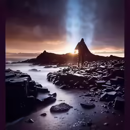 a person standing on rocks near water