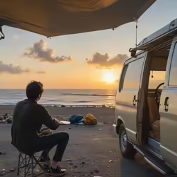man sitting in chair by an rv with a sunset