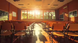 a classroom room with no students in it,the sun is shining through a window in a classroom