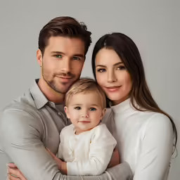 the young couple pose for a family photo