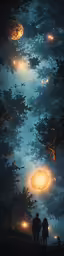 the people walk under some lights in the sky