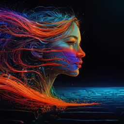 a beautiful woman with bright hair is staring away from the camera