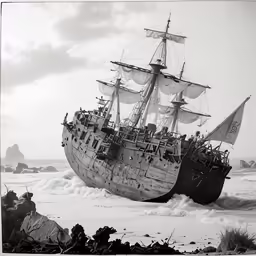 an old boat is in the water on a windy day