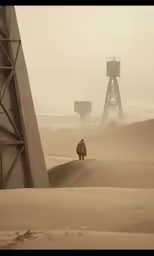 a lone camel standing in the sand near an industrial structure