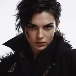 a woman in black jacket looking at the camera