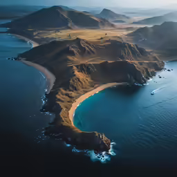 an island near the ocean surrounded by mountains