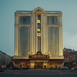 a movie theater with cars parked outside and people in front