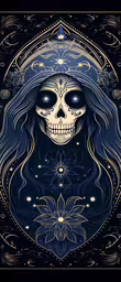 a woman with long hair and a skull head on her forehead,a skeleton with long hair, eyes and dark makeup is shown against an ornate blue background
