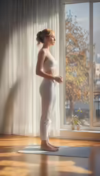 a woman standing on a yoga mat looking out a window