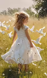 a little girl walking in the grass with white birds around her