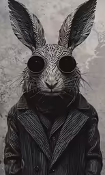 a bunny with huge, black eyes standing in front of a wall