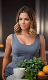 the beautiful, blonde actress poses with a cup of coffee and oranges