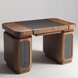 a desk is made of wood and has metal details