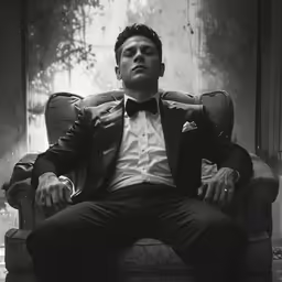 a man wearing a tuxedo and bow tie seated