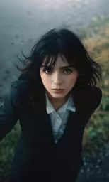 a portrait image of a young woman posing with a black coat