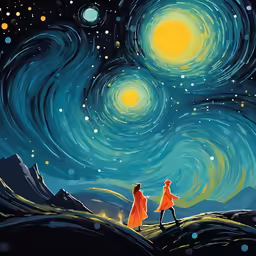 a painting of people standing in front of a large starr filled sky