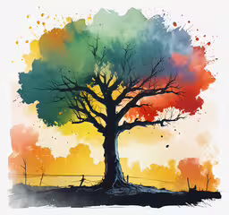 an abstract painting of a tree with watercolor paint,an abstract painting shows the tree and a fence