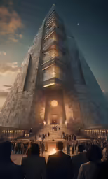 there are people that are outside in front of a large pyramid