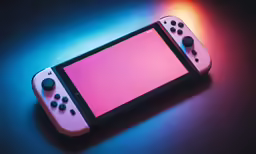nintendo wii game controller in front of blue and pink background