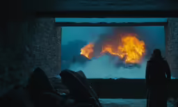 a person looking out a window into a huge room that is on fire