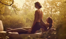 the woman sits next to the man in black tights and looks into trees