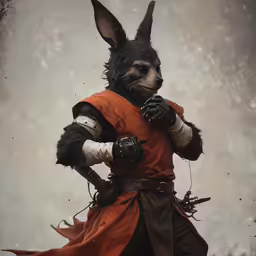 an evil looking animal wearing a leather suit and red vest