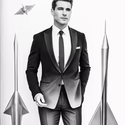 black and white photograph of man wearing a suit with rockets around him