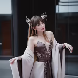 the woman is dressed in a costume that has an elaborate cape