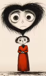 a drawing of two children looking up at an alien in the sky
