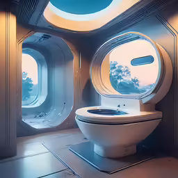 there is a bathroom with round windows and white walls
