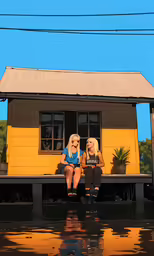 two women are sitting on a bench in front of a house