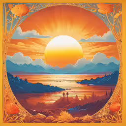 an orange poster with the sunset and a lake,an art print of a beautiful sunset with mountains in the background