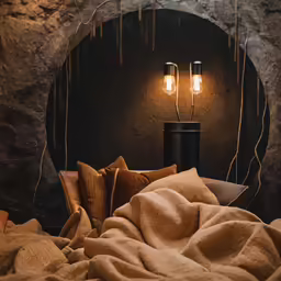 a fireplace in a bedroom with some lighting