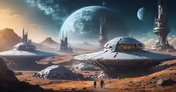 a futuristic space station on a distant landscape