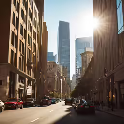 a city street with a sun going down