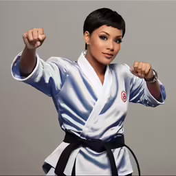 woman in a kimono flexing her fists