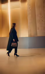 the woman in black suit walks past a wall carrying a brown bag