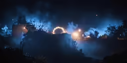 a city with lots of trees on a dark night