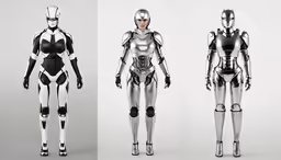 a couple of sci - armor suits sitting next to each other