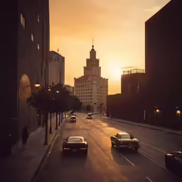 cars on an urban road at sunset