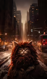 a large furry, dark - eyed cat stands in the midst of a city street at night
