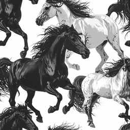 multiple horses in black and white are shown