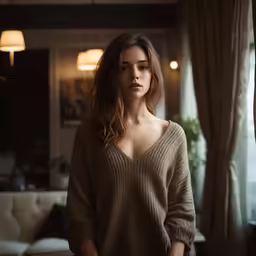 a woman is standing with her hands in her pockets, looking off to the side
