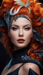 a woman with red hair wearing an elaborate head piece