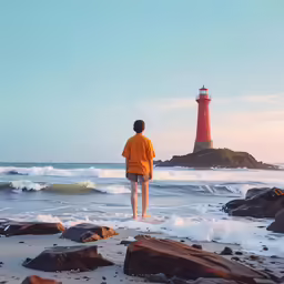 a man walking towards the water with a lighthouse in the background