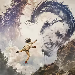a guy jumping in the air next to a big painting