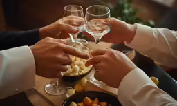 the people are toasting wine glasses near some crackers